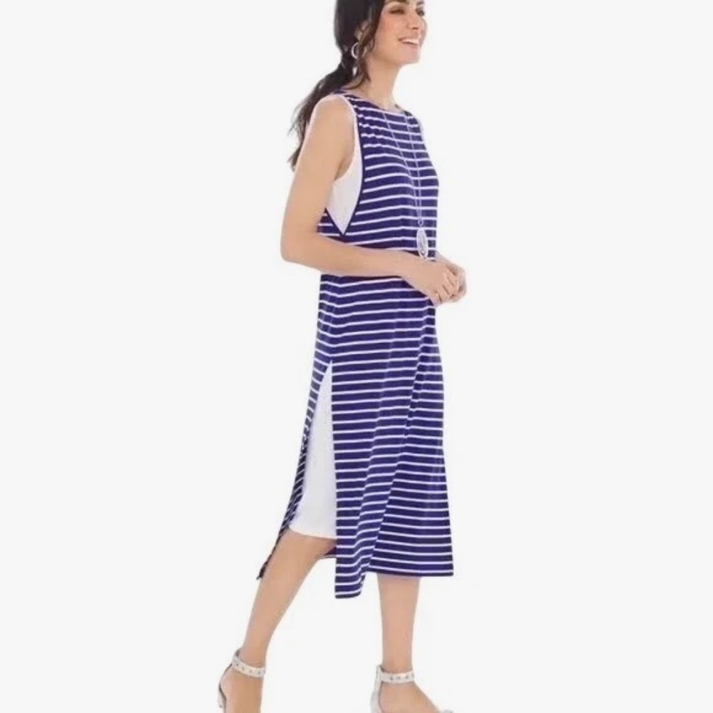Chicos Cute Blue & White Stripe Double Layer Sleeveless Midi Dress XL 3